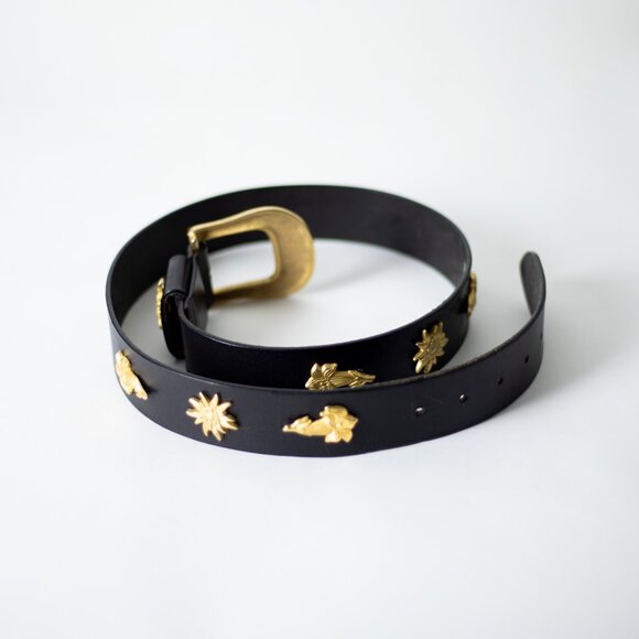 Vintage Birth-Gramm Black Wide Leather Belt Featuring Gold Suns & Iris Flowers main image 9